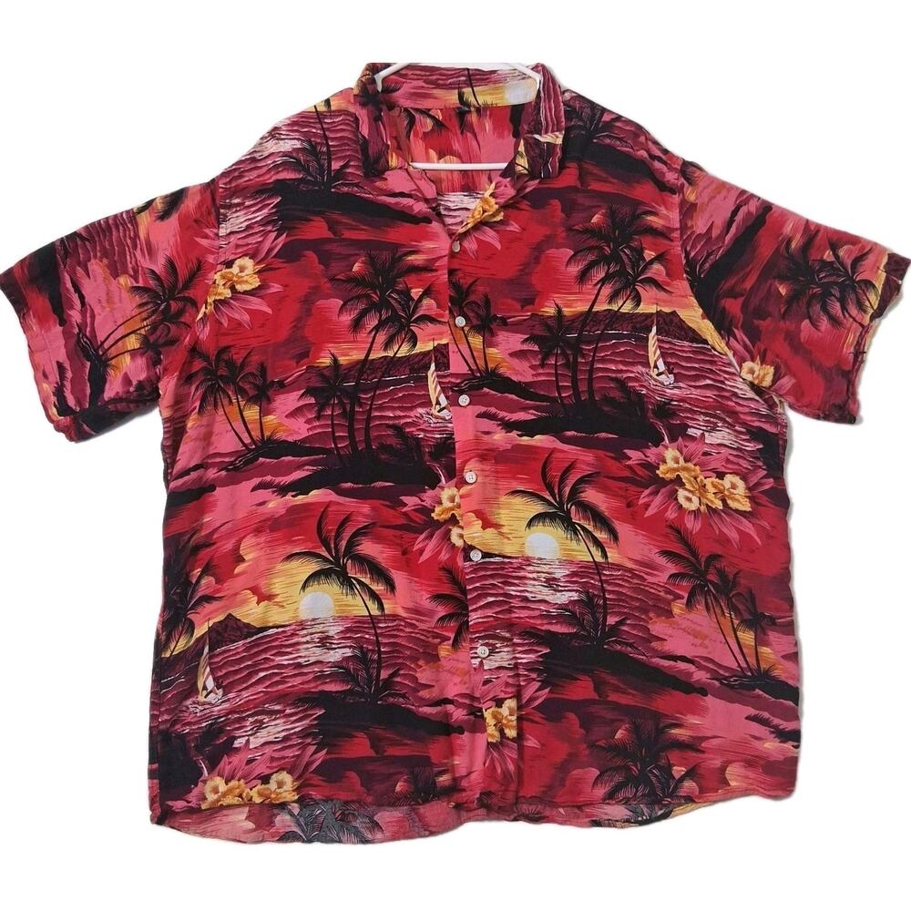 Design In Italy, Hawaiian Shirt Men's 2XL Red Short Sleeve Shirt Tropical